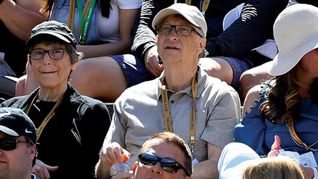 Founder of Microsoft Corporation Bill Gates watches the semi final match between Hubert Hurkacz and Roger Federer in the BNP Paribas Open at the Indian Wells Tennis Garden.